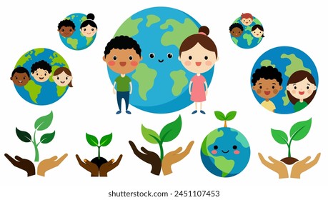 Día Mundial de la Tierra símbolo de la humanidad unida. Feliz día de la Tierra. Día de la Tierra eco arte. Planeta feliz, brote verde. Emoji sonriente del día de la Tierra. Chico afroamericano, chica blanca. Vector sobre fondo blanco