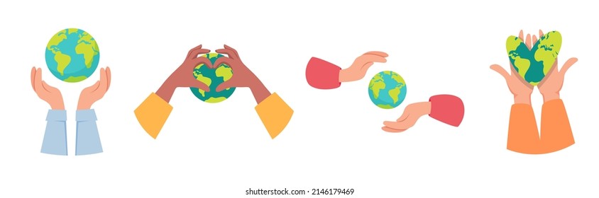 World earth day vector concept. Hands holding and protecting earth. Hands with love or heart gesture. Multi-ethnic hands. Caring for Nature.
