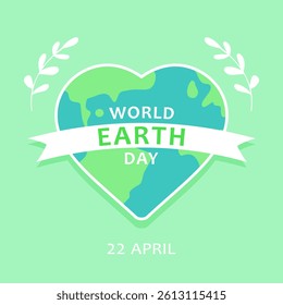 World Earth Day, vector design for card, poster or banner. Text World Earth Day on the backdrop of heart shaped Earth globe on pastel green background.