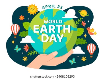 World Earth Day Vector Illustration on April 22 with World Map and Plants or Trees for Greening Awareness in Environment Flat Cartoon Background