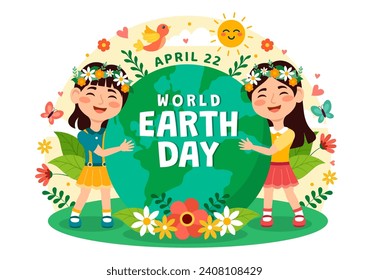 World Earth Day Vector Illustration on April 22 with Kids, World Map and Plants or Trees for Greening Awareness in Environment Flat Cartoon Background