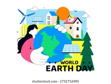 World Earth Day Vector Illustration April 22 Featuring Global Map With Plants And Trees For Environmental Greening Awareness Flat Cartoon Background