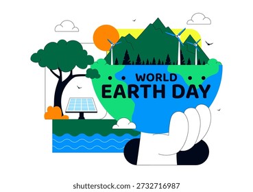 World Earth Day Vector Illustration April 22 Featuring Global Map With Plants And Trees For Environmental Greening Awareness Flat Cartoon Background