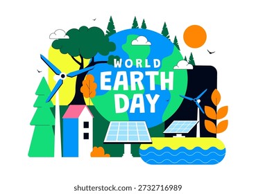 World Earth Day Vector Illustration April 22 Featuring Global Map With Plants And Trees For Environmental Greening Awareness Flat Cartoon Background