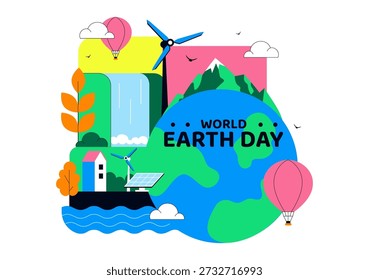 World Earth Day Vector Illustration April 22 Featuring Global Map With Plants And Trees For Environmental Greening Awareness Flat Cartoon Background