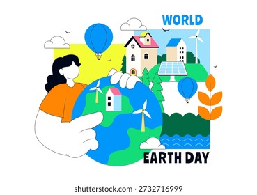 World Earth Day Vector Illustration April 22 Featuring Global Map With Plants And Trees For Environmental Greening Awareness Flat Cartoon Background
