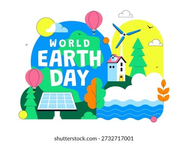 World Earth Day Vector Illustration April 22 Featuring Global Map With Plants And Trees For Environmental Greening Awareness Flat Cartoon Background