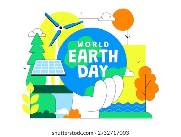World Earth Day Vector Illustration April 22 Featuring Global Map With Plants And Trees For Environmental Greening Awareness Flat Cartoon Background