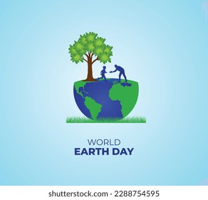 World Earth and environment concept with dad and daughter plant a tree. earth day template with background, banner, poster, card. vector illustration. flat design.