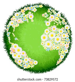 A world earth globe with continents made up of flowers and seas as grass. Concept for environmental issues or peace.