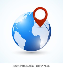 World earth globe with navigation pin symbol emblem vector illustration
