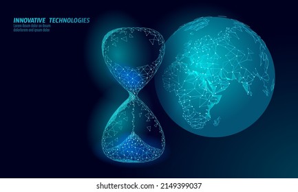 World Earth Hour hourglass concept. Polygonal night space star dark blue sky low poly lamp planet globe map eco save ecology environment electricity green energy power banner vector illustration