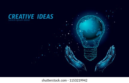 World Earth Hour light bulb concept. Polygonal night space star dark blue sky low poly lamp planet globe map eco save ecology environment electricity green energy power banner vector illustration