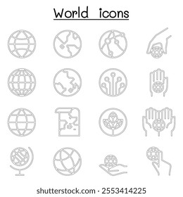 World, Earth icon set in thin line style