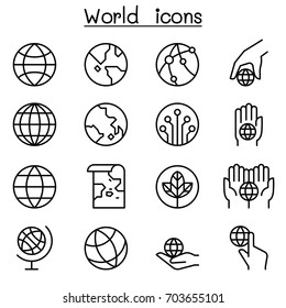 World, Earth icon set in thin line style