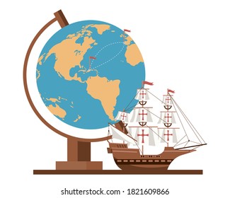 world earth map with caravel ship vector illustration design