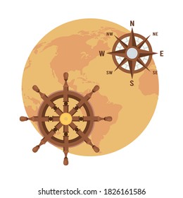 world earth map with compass guide and ship wheel vector illustration design