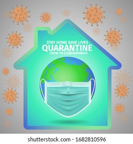 Mundo o tierra en máscara protectora, quedarse en casa con cuarentena propia para ayudar a frenar el brote y proteger la propagación del virus, Coronavirus, covid-19, fiebre de Lassa, lucha contra el virus Corona.