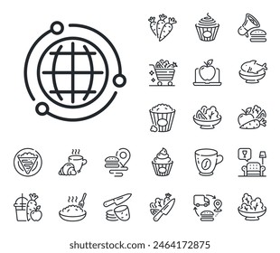 World or Earth sign. Crepe, sweet popcorn and salad outline icons. Globe line icon. Global Internet symbol. Globe line sign. Pasta spaghetti, fresh juice icon. Supply chain. Vector