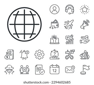 World or Earth sign. Salaryman, gender equality and alert bell outline icons. Globe line icon. Global Internet symbol. Globe line sign. Spy or profile placeholder icon. Online support, strike. Vector