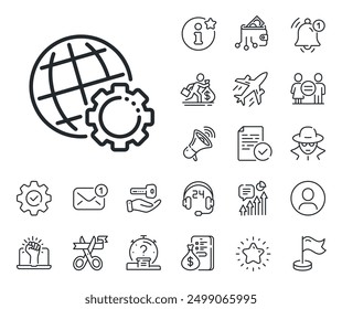 Signo del mundo o de la Tierra. Salaryman, la igualdad de género y los iconos de la campana de alerta. Icono de línea de globo. Símbolo global de Internet. Señal de la línea del globo. Icono de marcador de posición de espía o perfil. Asistencia en línea, huelga. Vector