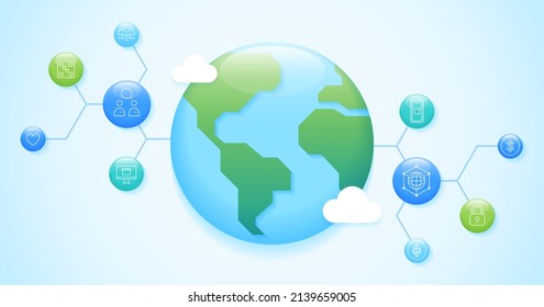 World Earth Technology Connection Network Line Web Hexagon Big Data Cloud Isolated Sustainability Responsibility Concept Vector Illustration