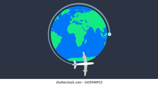 World Earth travel plane vector illustration. Globe map flight journey tourism. Around tour adventure international cruise worldwide