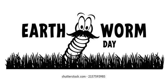 World earthworm day. Cartoon happy worm with moustache or beard in grass. crawling worm. Vector crawl or creep earth worms. Insect with face and eyes, Creeping insects. Fich or bird food.