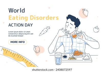 World eating disorders day poster. Man with bowl of unheathy eating. International holiday of awareness. Minimalistic creativity and art. Landing page design. Doodle flat vector illustration