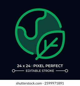 World eco friendly dark color ui icon. Earth globe with fresh leaf. Environment care program. Sustainability. Vector colorful symbol isolated on black. User interface element, pixel perfect