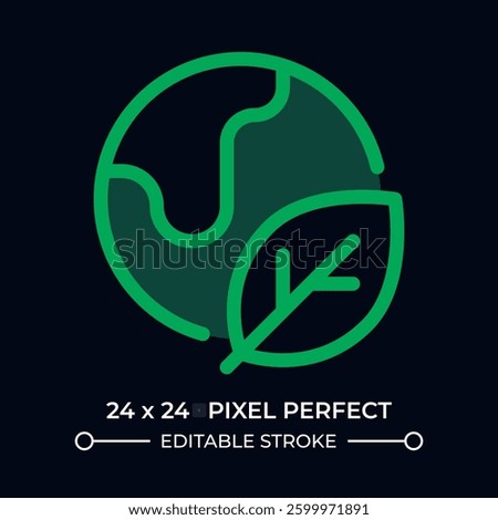 World eco friendly dark color ui icon. Earth globe with fresh leaf. Environment care program. Sustainability. Vector colorful symbol isolated on black. User interface element, pixel perfect