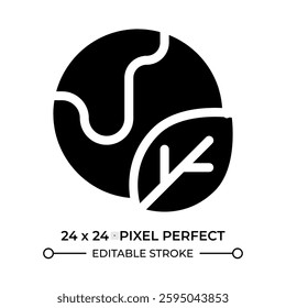 World eco friendly glyph ui icon. Earth globe with fresh leaf. Environment care program. Sustainability. Black solid silhouette symbol vector. User interface element isolated, pixel perfect
