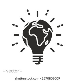 world eco innovation creative idea, lightbulb globe concept icon, green energy on earth planet, global solution with electricity, logo unique, flat symbol on white background