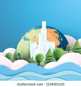 world eco landscape green tree water graphic paper art sky city 