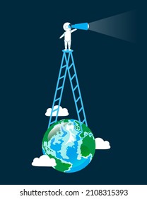 Visión ecológica mundial, visión económica, oportunidad global para la naturaleza, negocios, búsqueda del concepto de innovación. Astronauta, subiendo al espacio, usando binoculares o telescopio, buscando visión futura.