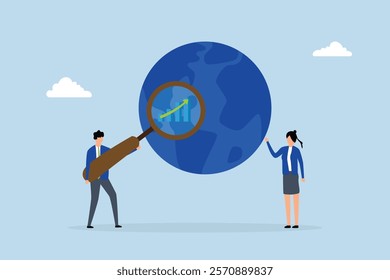 World economic analysis, entrepreneur using magnifying glass on globe alongside chart and graph. 