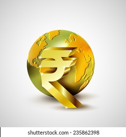 World economic concept with 3d gold world and Rupee currency isolated on white background, vector illustration