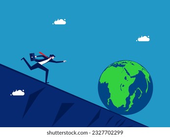 World economic crisis. Businessman chasing the earth down the mountain