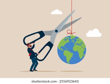 World economic crisis. Businessman uses scissors to cut the rope, that hangs the globe. Flat vector illustration.