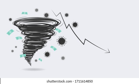 World economic crisis by corona virus illustration, a perfect storm of COVID-19 disease makes everything in downturn 