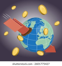 World economic crisis concept. Arrow going through Earth. Economic recession all over the world, interest rate hikes, trade war. 3d flat isometric vector illustration.