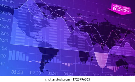 World economic crisis. Dark blue abstract vector background. Schematic map of the planet Earth. Stock market trading infographics. Oil product prices. Forex charts with candles. World Trade Network.