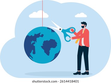 World economic crisis. A giant hand uses scissors to cut the rope that hangs the globe.

