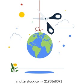 World Economic Crisis. Scissors To Cut The Rope, That Hangs The Globe. Vector Illustration.