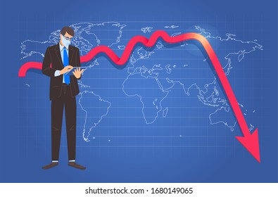 World economic crisis. Trader on mask at fallen graphs background. Stock market after coronavirus pandemic. 2020 economic collapse. Vector illustration.