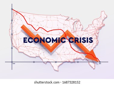 World economic crisis. USA map at fallen graphs background. Stock market after coronavirus pandemic. 2020 economic collapse. Vector illustration.