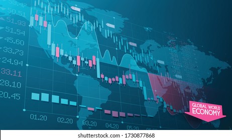 World economic crisis. Vector background. Schematic map of the planet Earth. Stock market trading infographics. Oil product prices. Forex charts with candles. World Trade Network.