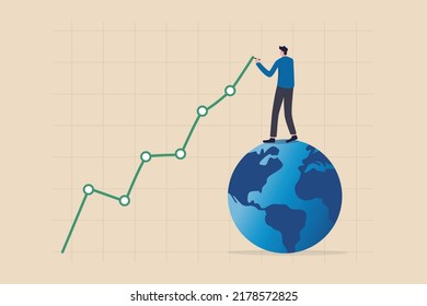 World economic, financial statistics or investment data, global stock market diagram or international economy concept, businessman expert standing on earth drawing financial graph and chart.