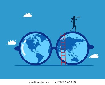 World economic forecast. Businesswoman uses binoculars to look at world map through glasses