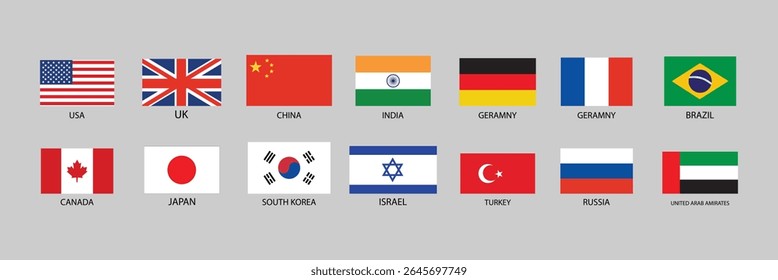 World Economic Powers Flag Icon Set – USA, China, India, UK, Germany, Japan, South Korea, Brazil, UAE, More | International Trade, Politics and Business Countries Vector Pack.